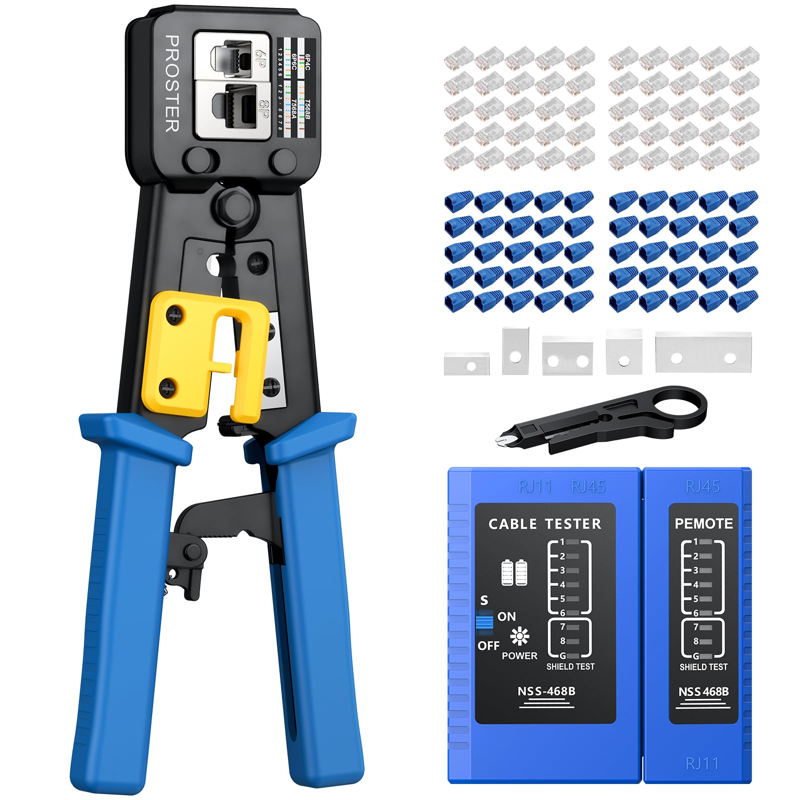 

Proster Crimping Compatible with Cable Wiring Replacement RJ45 Crimping Crimping LAN Cable Making Tool, RJ45/RJ11/RJ12, CAT5/CAT6/CAT7, Tester,