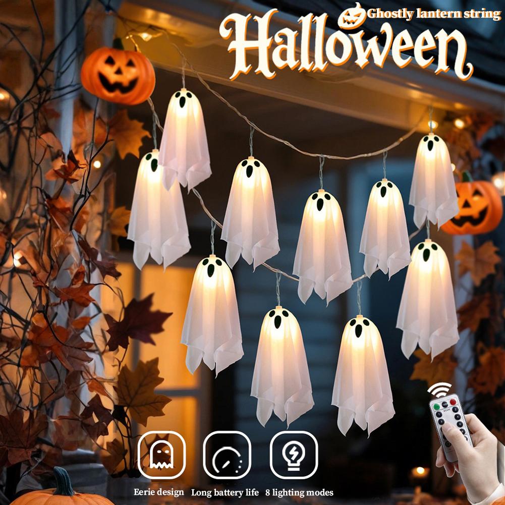 10Pcs Spooky Ghosts String Lights W/ 8 Light Modes Glowing Spooky Ghost LED Light String Ghost LED Lights Halloween Decoration