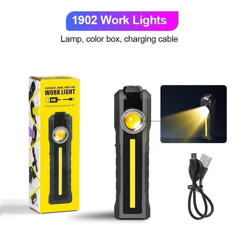 Magnetic COB Work Light Portable LED Flashlight USB Rechargeable 4 Lighting Modes and Tail Magnet for Camping Inspection