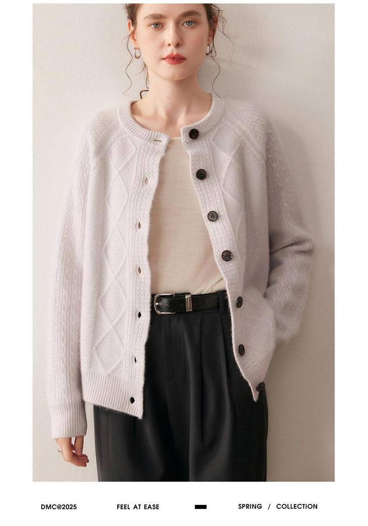 2025 Autumn/Winter Thick Diamond Cable Knit Cashmere Loose Round Neck Long Sleeve Cardigan for Women