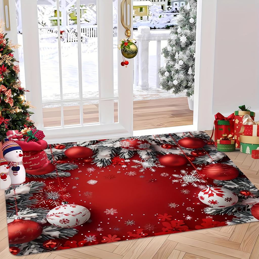 Christmas Snowflake Ornament Red White Area Rug, Cozy Holiday Home Decor Mat for Living Room Entryway Festive Style