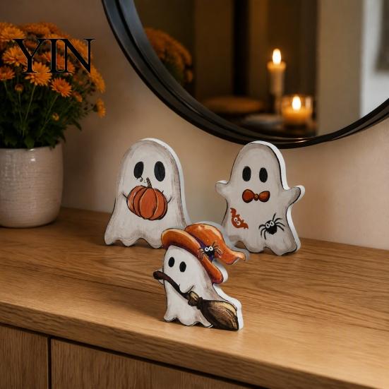 Charming Entrance Countertop Decor Halloween Cute Ghost Sign, Pumpkin Tombstone Wooden Plaque Rustic Spooky Party Centerpiece for Tiered Tray