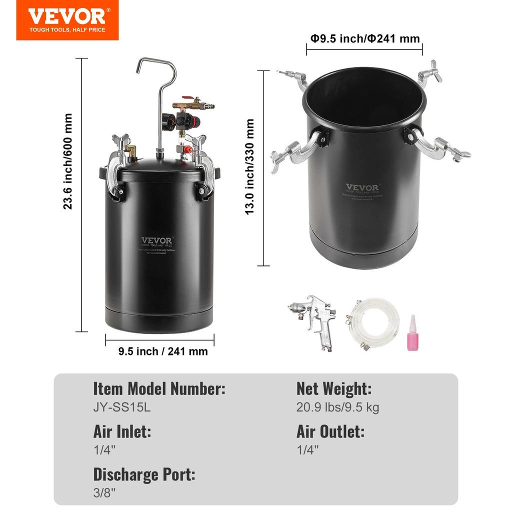 VEVOR Spray Paint Pressure Pot, 15L/3.75gal Pressure Pot Tank, 60 psi Adjustale Pressure, Steel Pressure Pot Paint Tank with Spray Gun, Hoses