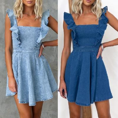 Γυναικεία καλοκαιρινά τζιν Φορέματα Casual Ruffles Spaghetti λουράκια Τζιν Μίνι φόρεμα χωρίς πλάτη
