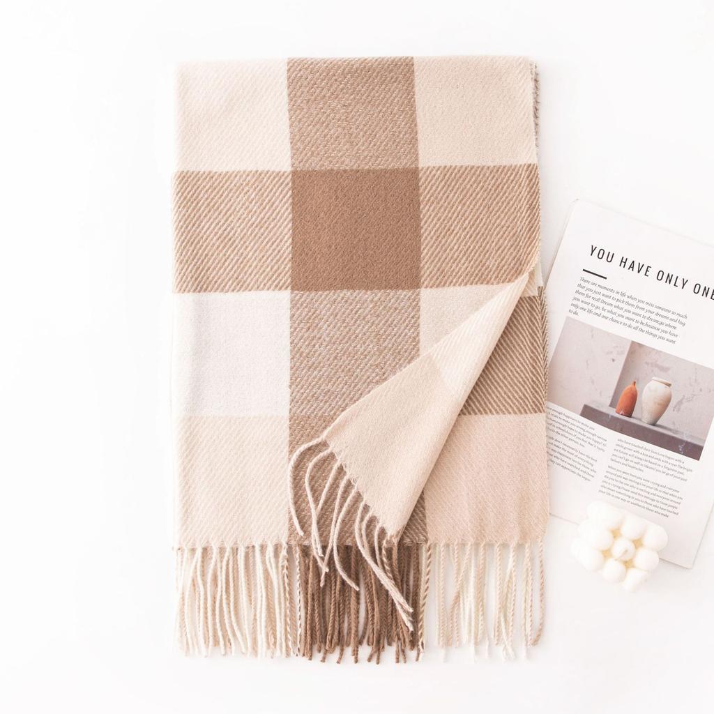 Winter New Plaid Scarf Printed Tassel Imitation Cashmere Scarf Fashionable Sweet Shawl Mid Length Thick Warm Scarf