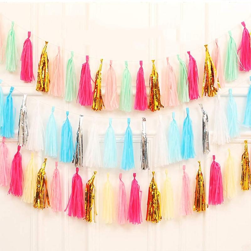 20pcs/Set Multicolor Shiny Tassel Garland Tissue Paper Tassel Banner Table Decor Tassels Ribbon Party Decorations Supplies Xmas