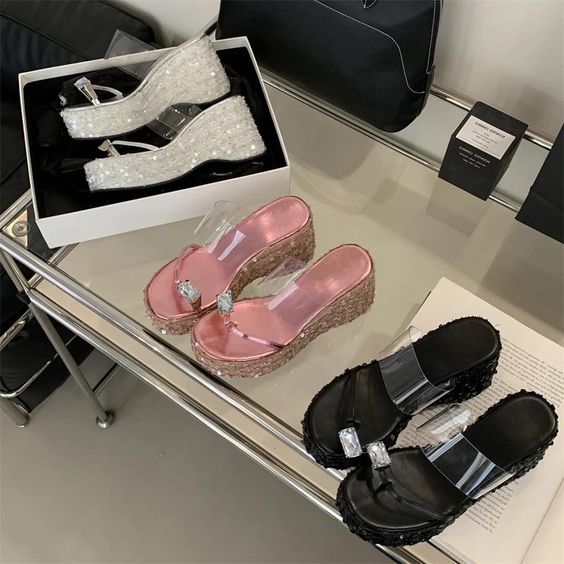 Eilyken Designer Crystal Sequin Cloth Platform Wedge Slippers Women Street Style Clip Toe High Heels Banquet Summer Shoes