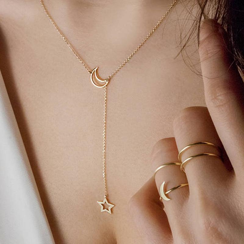 Retro Moon and Star Tassel Pendant Necklace for Women