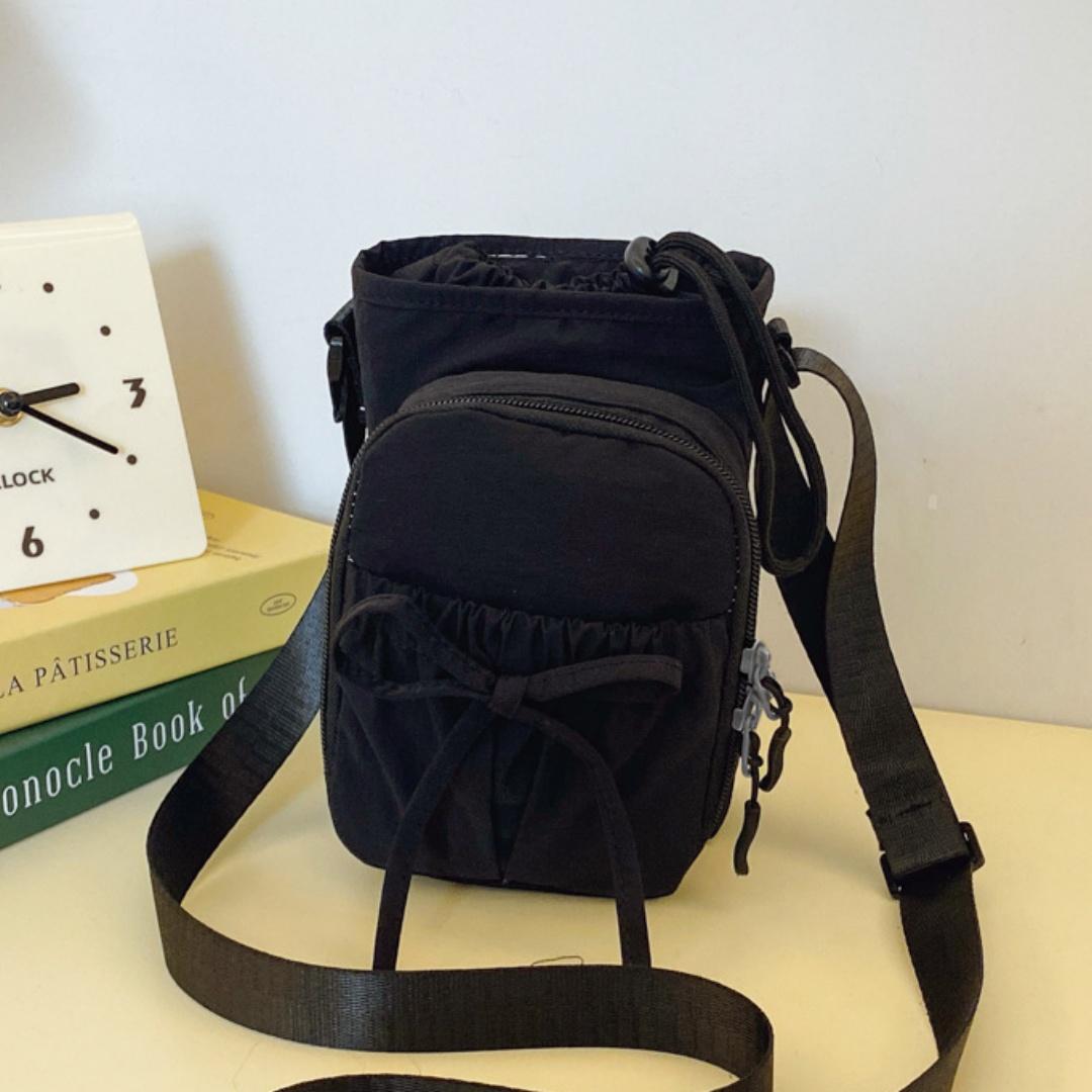 

Drawstring Crossbody Bag Portable Outdoor Bow Phone Bag Adjustable Kettle Handbag High-Quality Nylon Shoulder Bag For Shopping чорний