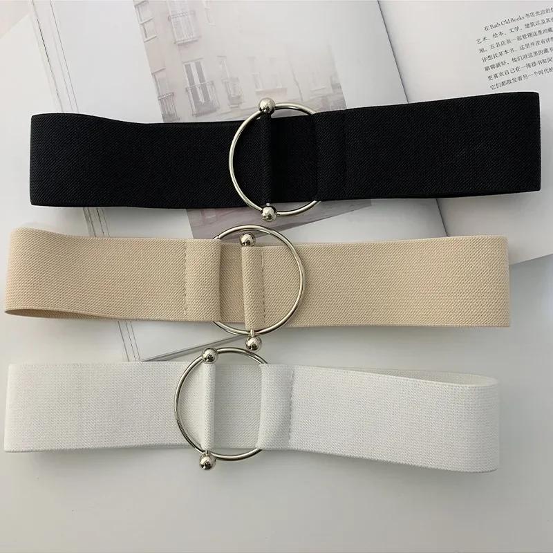 

Belts for Women Black Simple Waist Elastic Ladies Band Round Buckle Decoration Coat Sweater Fashion Dress Rice White 63cm білий