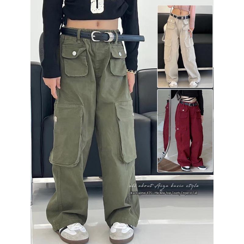 

Korean Girls Cargo Cuffed Pants - New Spring Collection: Casual Spring/Autumn Wear for Kids 120cm зелений