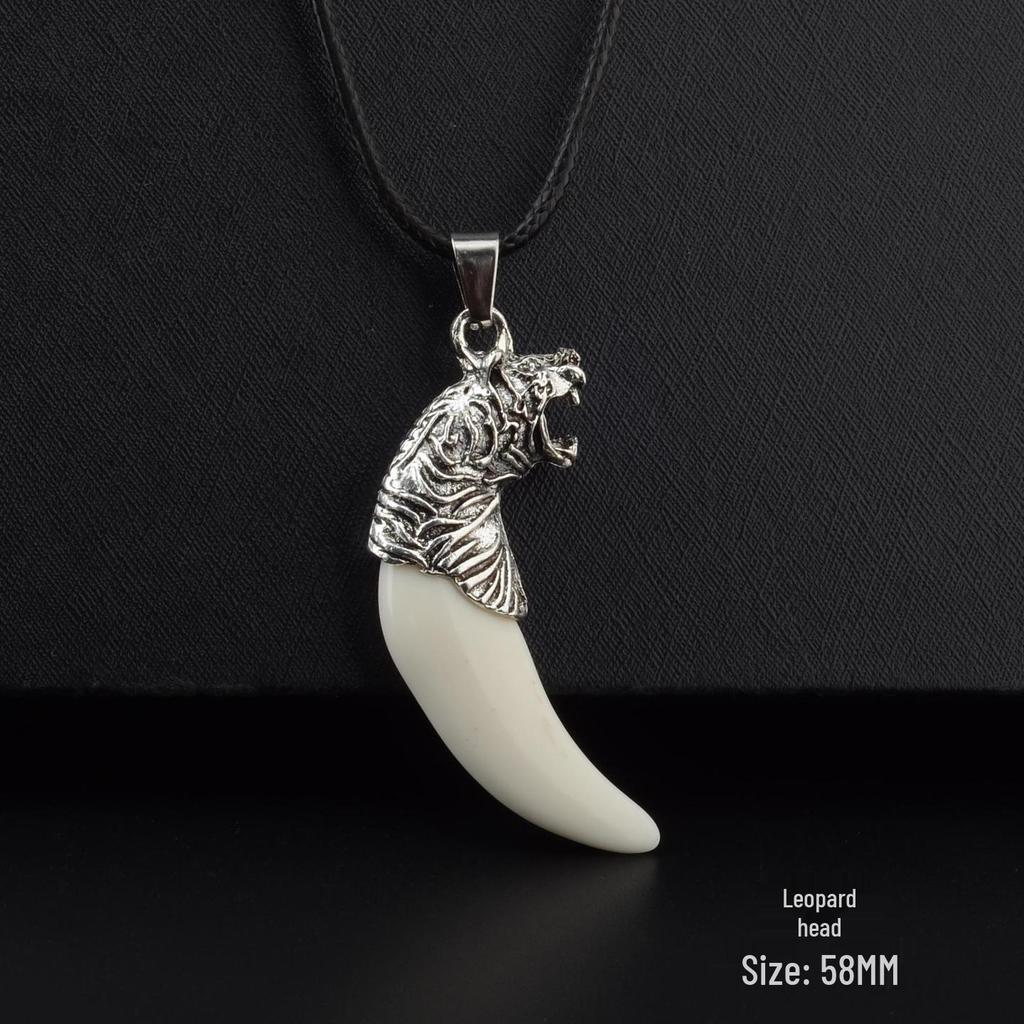 Men's Tibetan Faux Wolf Tooth Pendant Necklace, Titanium Steel Chain, Nepalese Style