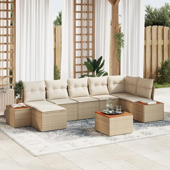 Ensemble de canapé de jardin vidaXL 8 pièces avec coussins en rotin poly beige 3356806