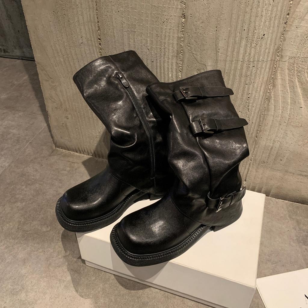 Height increase of 6cm~ 2025 Spring and Autumn new fashionable belt buckle square round head pleated medium tube knight boots women's autumn
