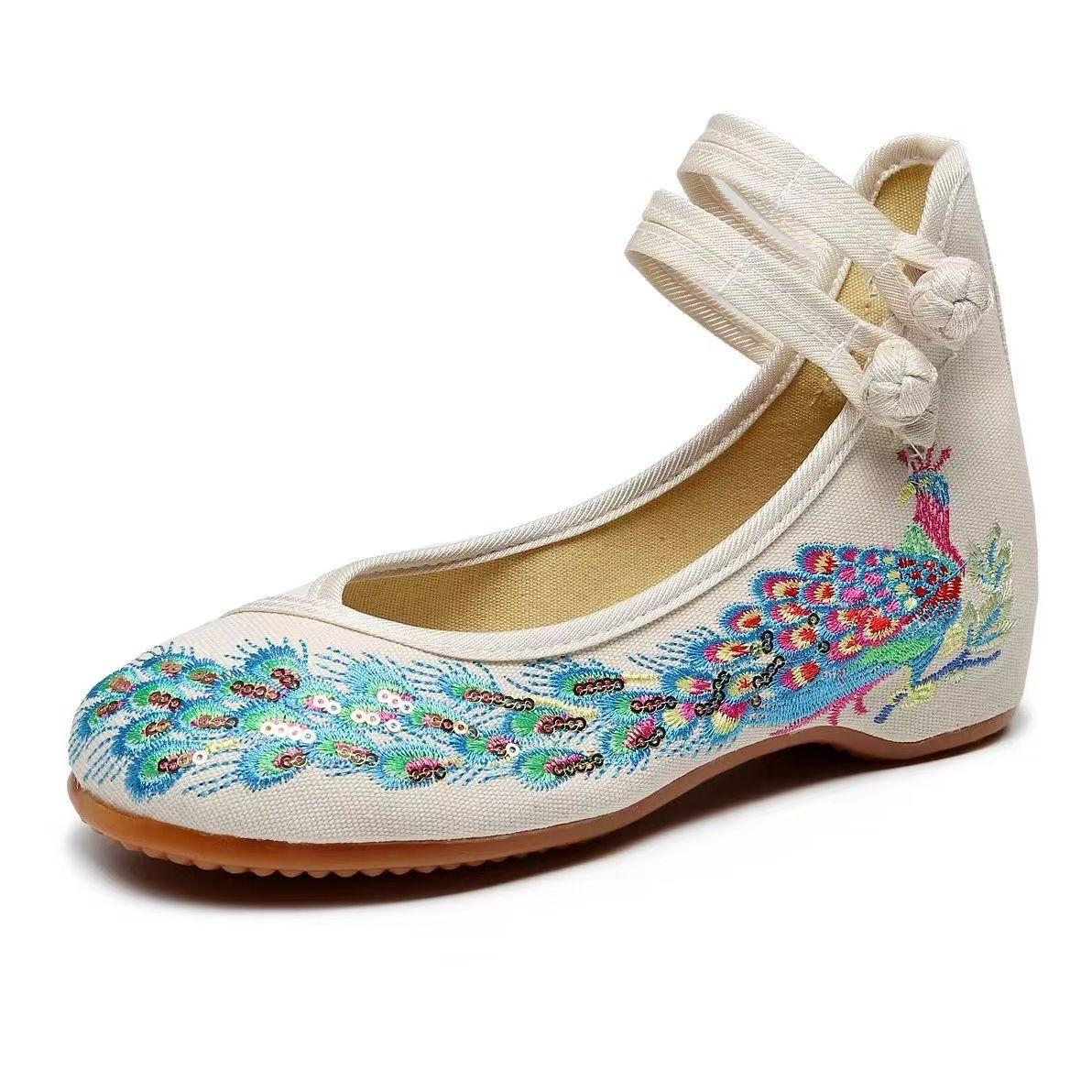 

Woman s Ethnic Style Flat Sole Embroidered Shoes Soft Sole Non Slip Round Toe Buckle Strap Lightweight Hanfu Shoes Wedding Shoes 34 бежевий