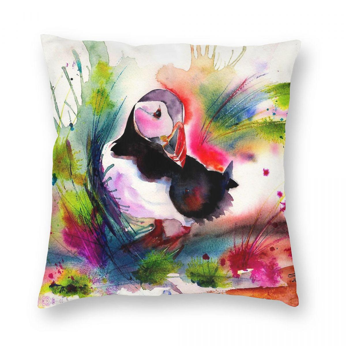 Puffin Watercolour Square Pillowcase Polyester Linen Velvet Pattern Zip Decor Throw Pillow Case Sofa Cushion Cover 40x40cm