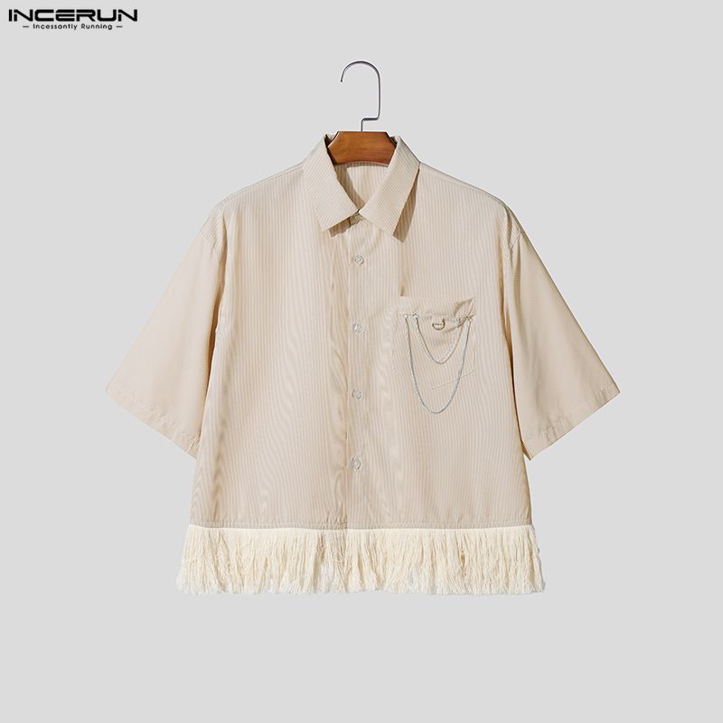 INCERUN Summer Men Short Sleeve Chain Decoration Striped Loose Casual Tassel Shirts Tops