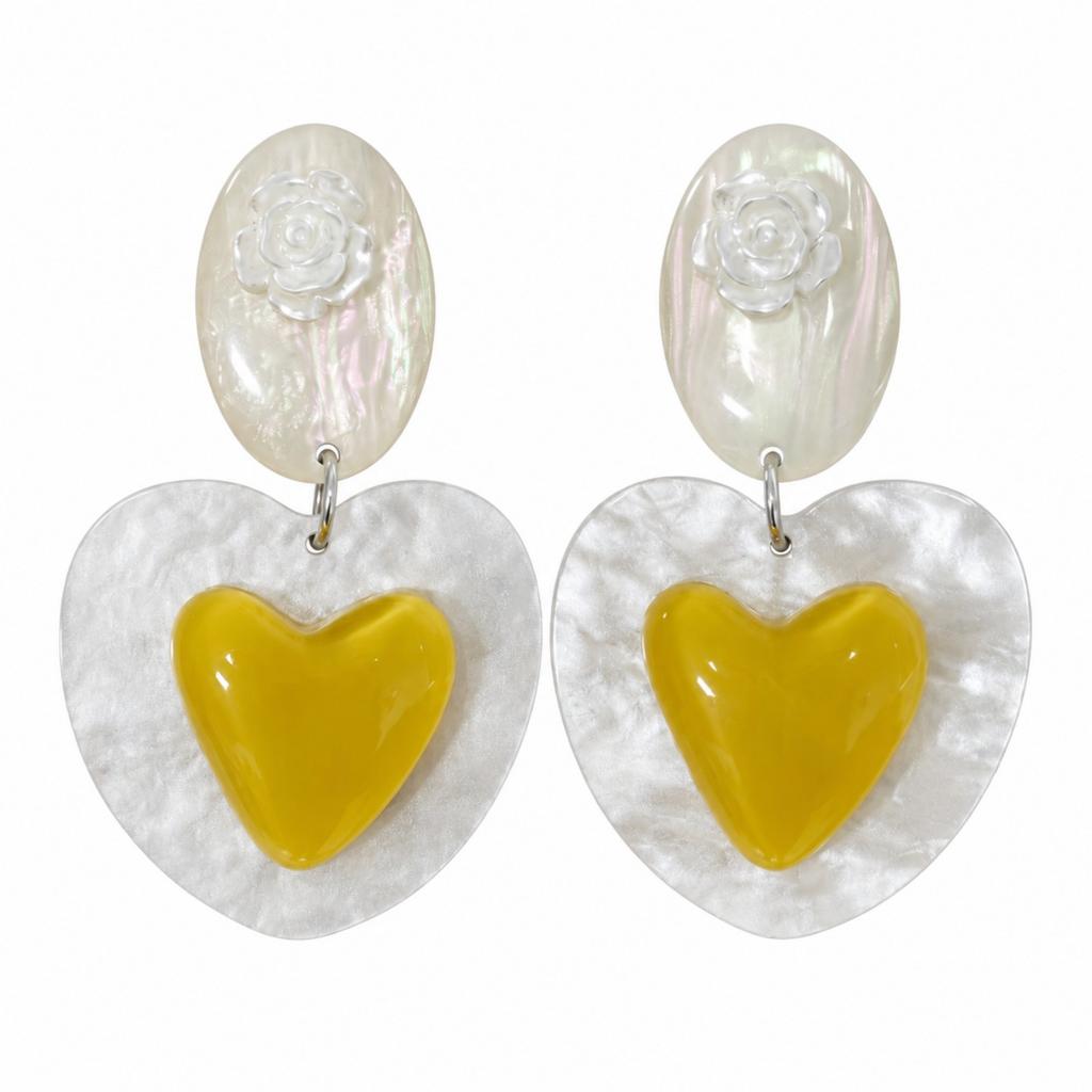 Retro White Rose Oval Shell Yellow Love Contrast Color Heart Shape Temperament Women's Earrings