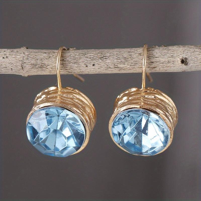 1 Pair Retro Light Blue Round Crystal Zircon Pendant Earrings with Creative Minimalist Style and Fashionable Gemstone Alloy Earrings