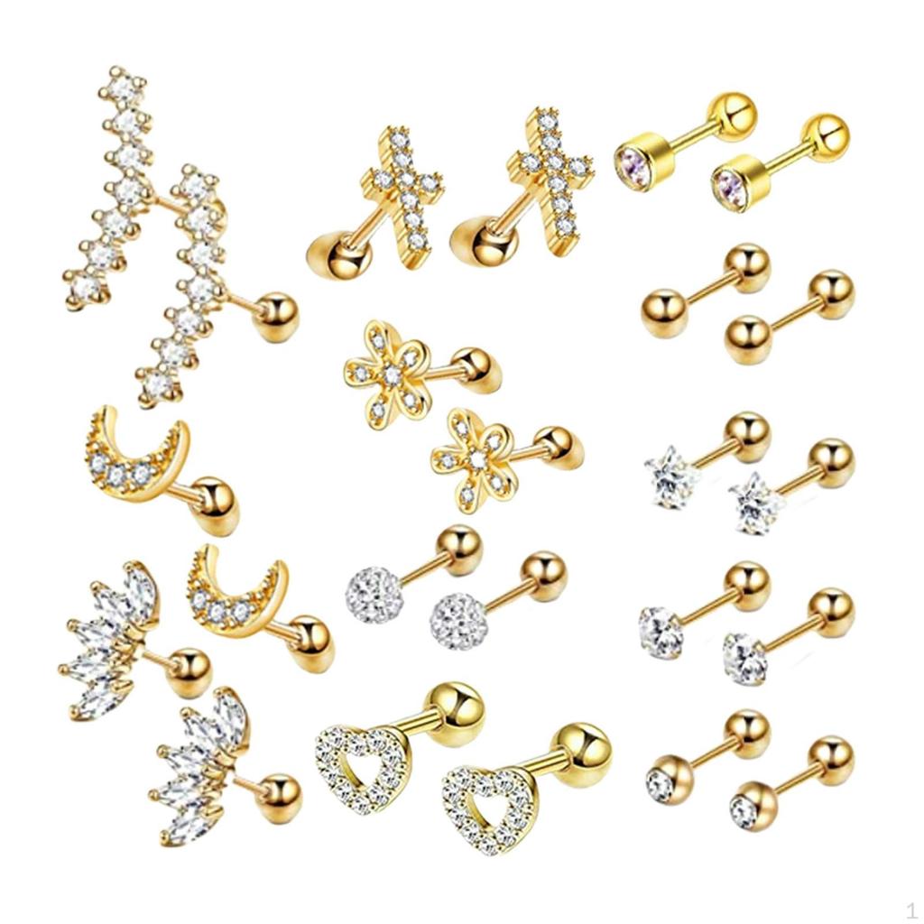 12 Pairs Stud Earrings Set Tiny Stainless Steel for Men