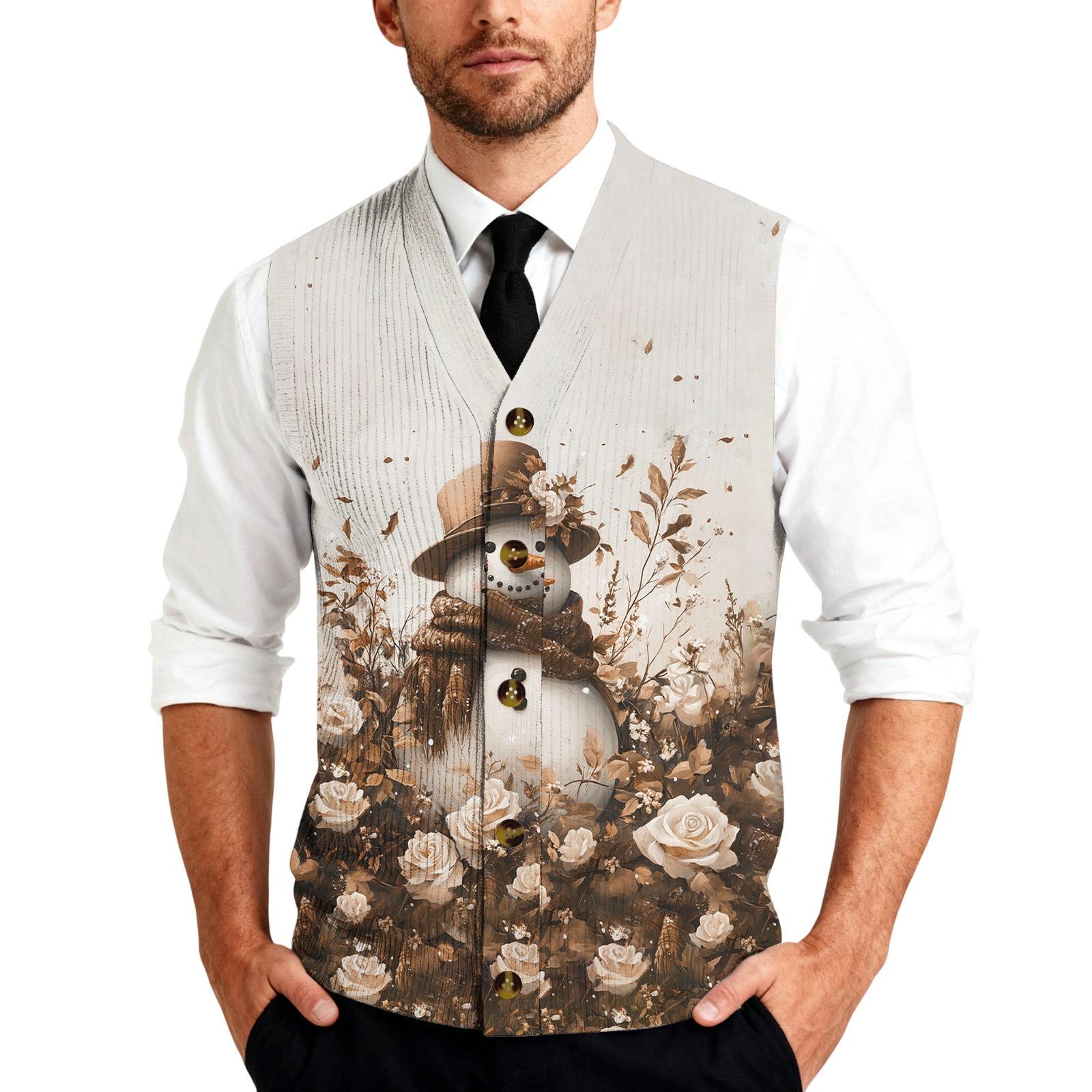 

Men s Sleeveless Knitted Button-Up Shirt Vest with Christmas Print Festive Pattern Lightweight Casual Wear for Holiday Season M хаки