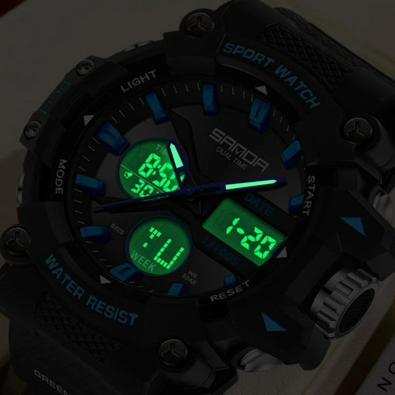 SANDA Fashion Sports Casual Electronic Man Watch Dual Digital Display Luminous Waterproof Multi-functional Watches for Men