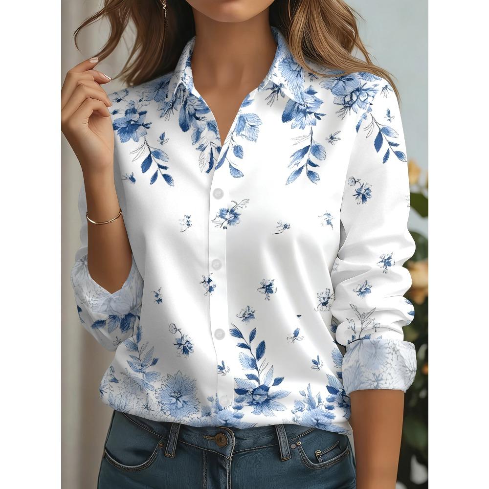 New women's lapel button-down shirt blue and white floral foliage pattern, casual versatile button-down long-sleeved top