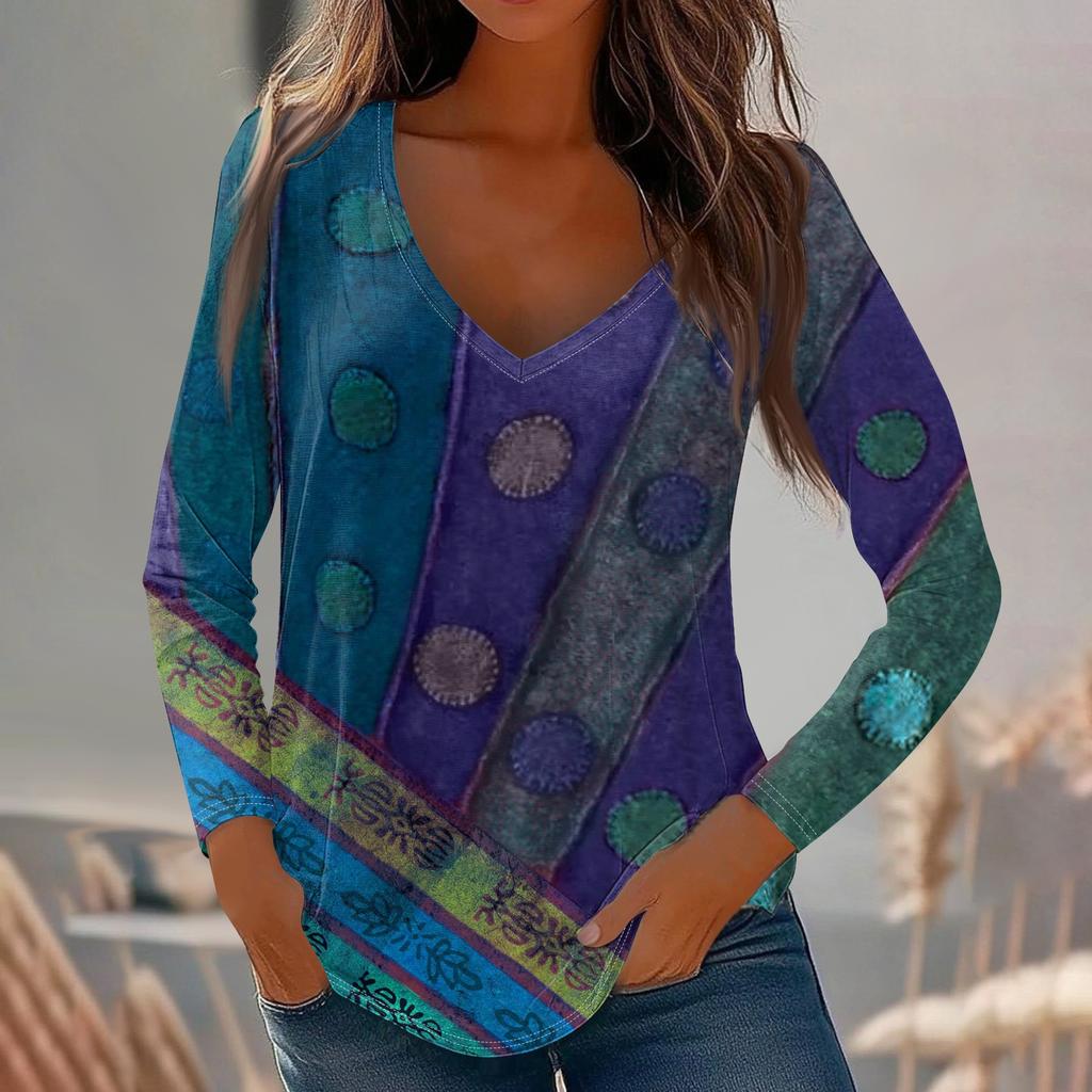 Womens Long Sleeve Tops V Neck Shirts Casual Flower Print Basic Trendy Tee Blouses Fall Tunic Outfits Fitted T Shirts