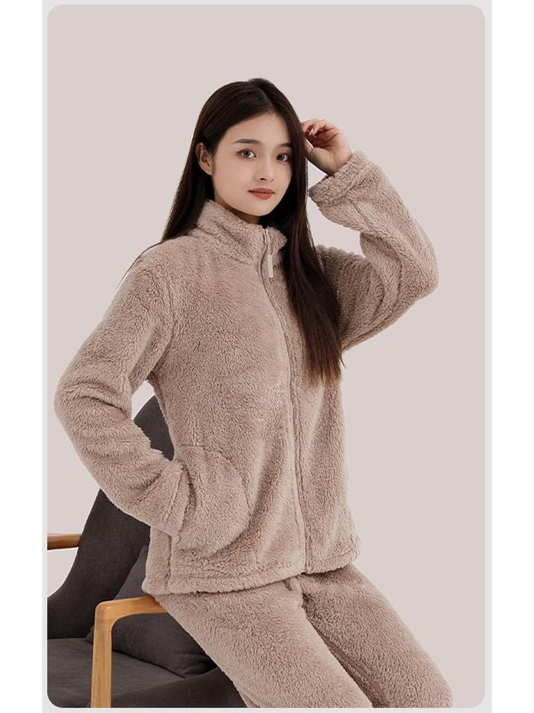 Women's Cloud Coral Fleece Pajama Set - Autumn/Winter 2025, High-Neck Flannel with Plush Velvet