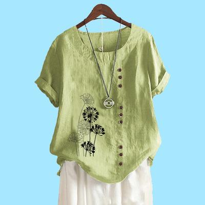 Damenmode Baumwolle Leinen Bluse Sommer&Herbst Rundhals Kurzarm Top Damen Lässig Floralprint Lockeres T-Shirt
