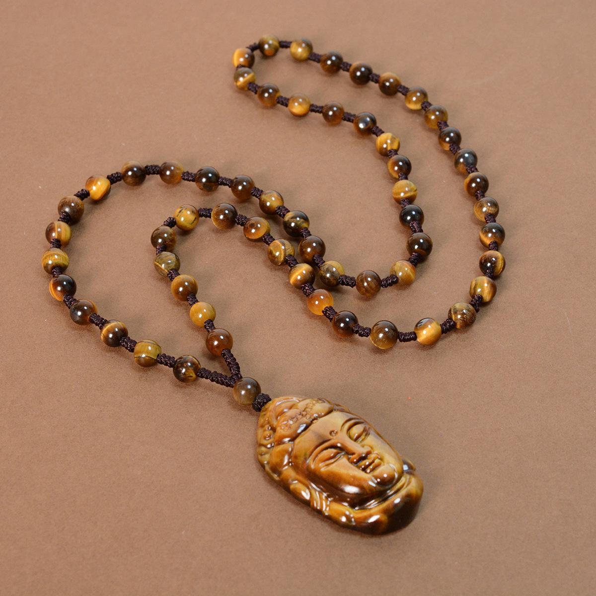 Three-Dimensional Exquisitely Carved Guan Yin Tiger Eye Jade Pendant Necklace