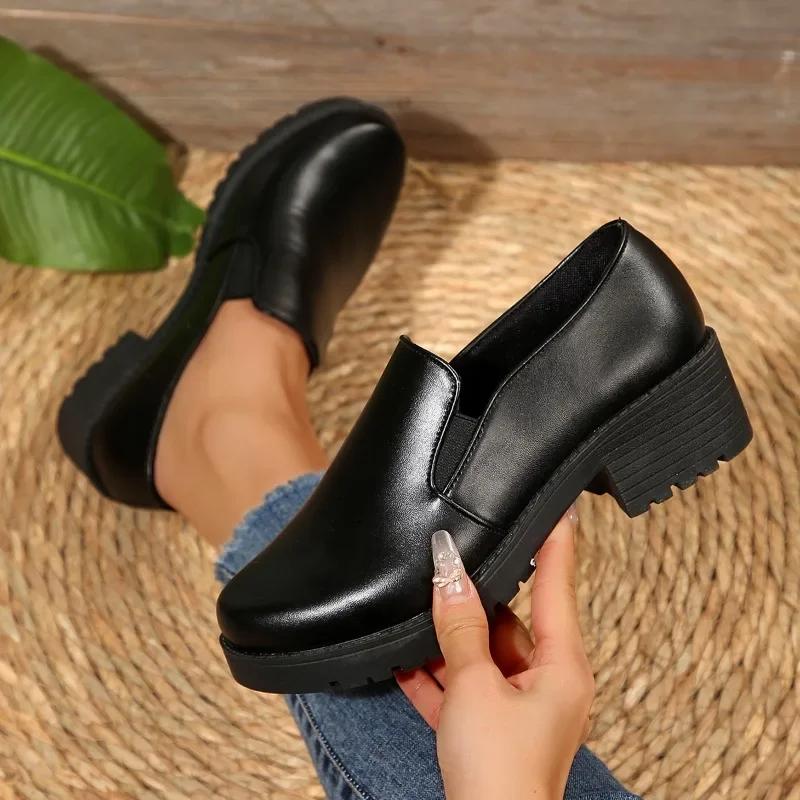 Fashion Ladies Shoes 2025 New Round Toe Loafers Women's High Heels Slip on Chunky Heels Pumps Plus Size Elegant Versatile Daily & Office