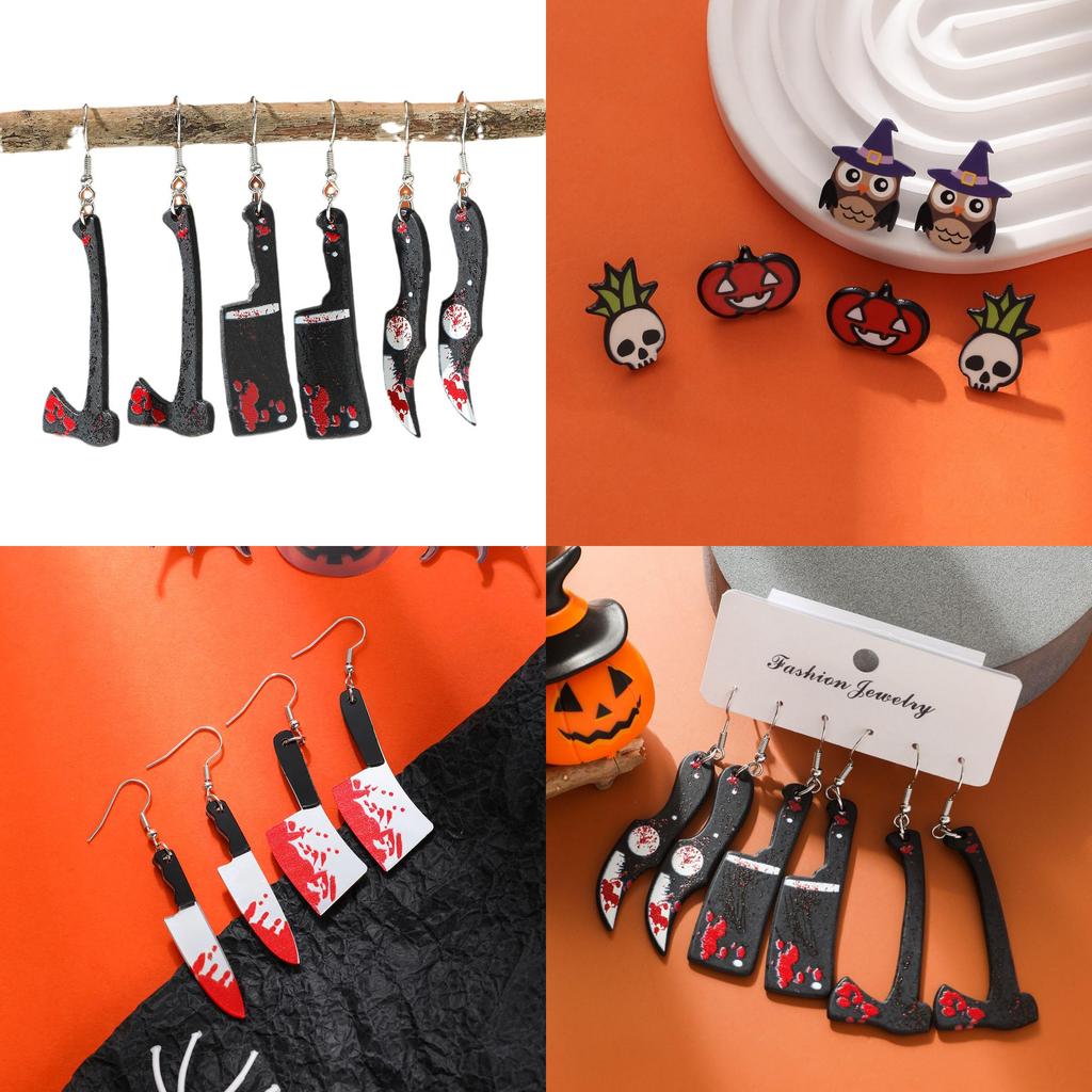 Unique Halloween Acrylic Earrings With Cartoon Skulls And Pumpkins