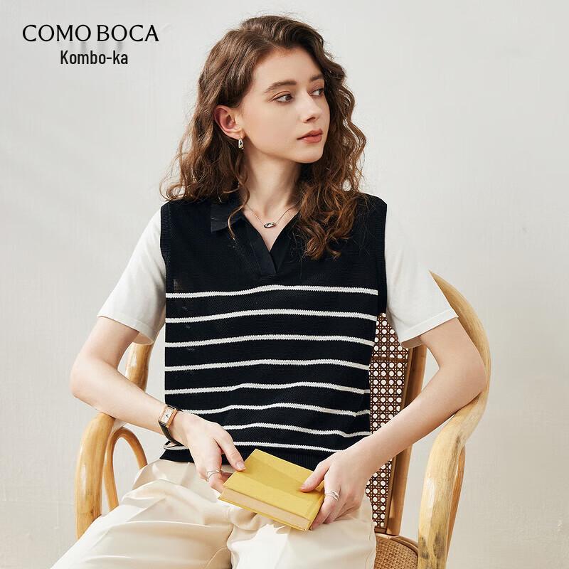 Женский полосатый топ с коротким рукавом и воротником из смесовой шелковой вязки M