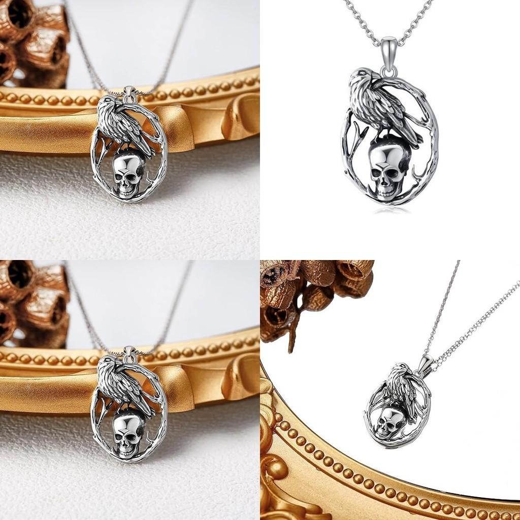 Skull Gothic Necklaces With Vintage Finish And Crow Shape Design For Halloween