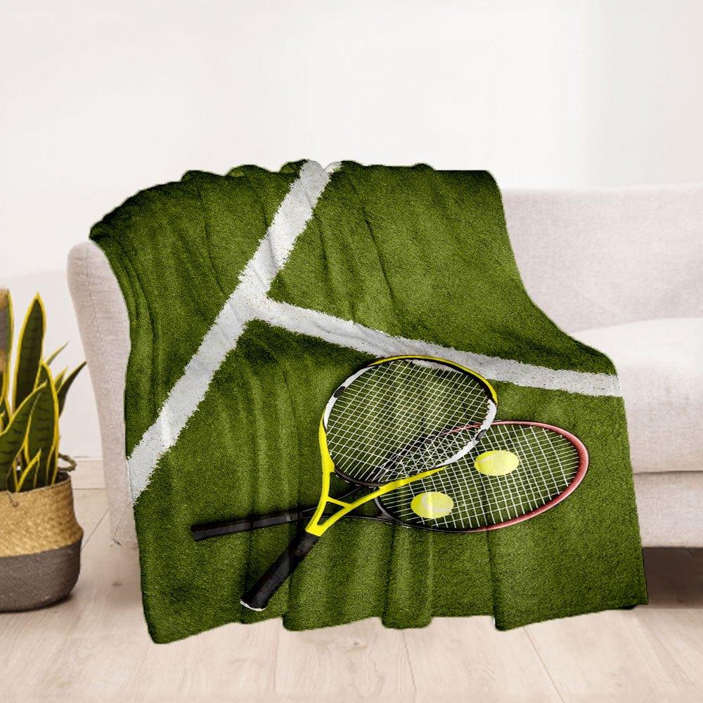 Tennis Rackets and Balls on CourtBlanket Flannel Throw Blanket for Sofa, Bed, Travel, Camping, Office, Couch, Chair, And Bed Gift for Christ
