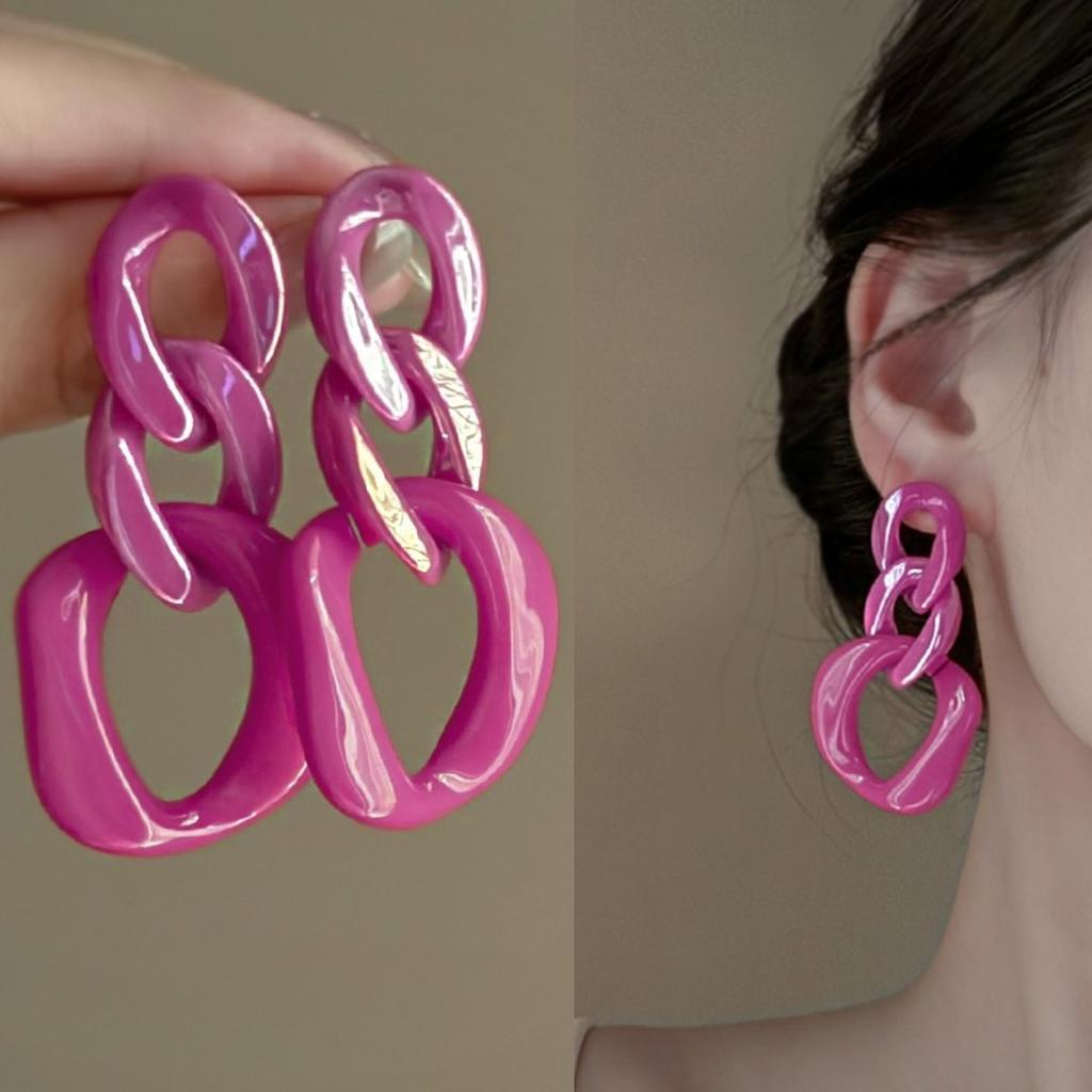 Pink Geometric Twist Chain Earrings Personalized Creative Exaggerated Stud Earrings Niche Temperament High-end Earrings Women