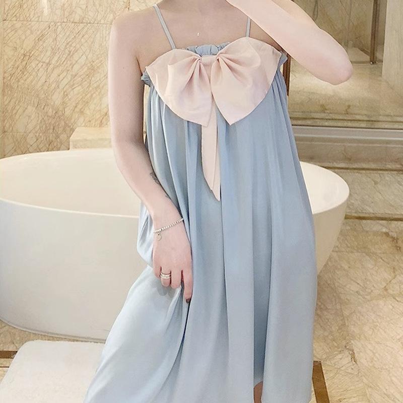 Japanese Imitation Silk Suspender Nightdress Women'S Summer Cute Bow Pink Pajamas Style Loungewear