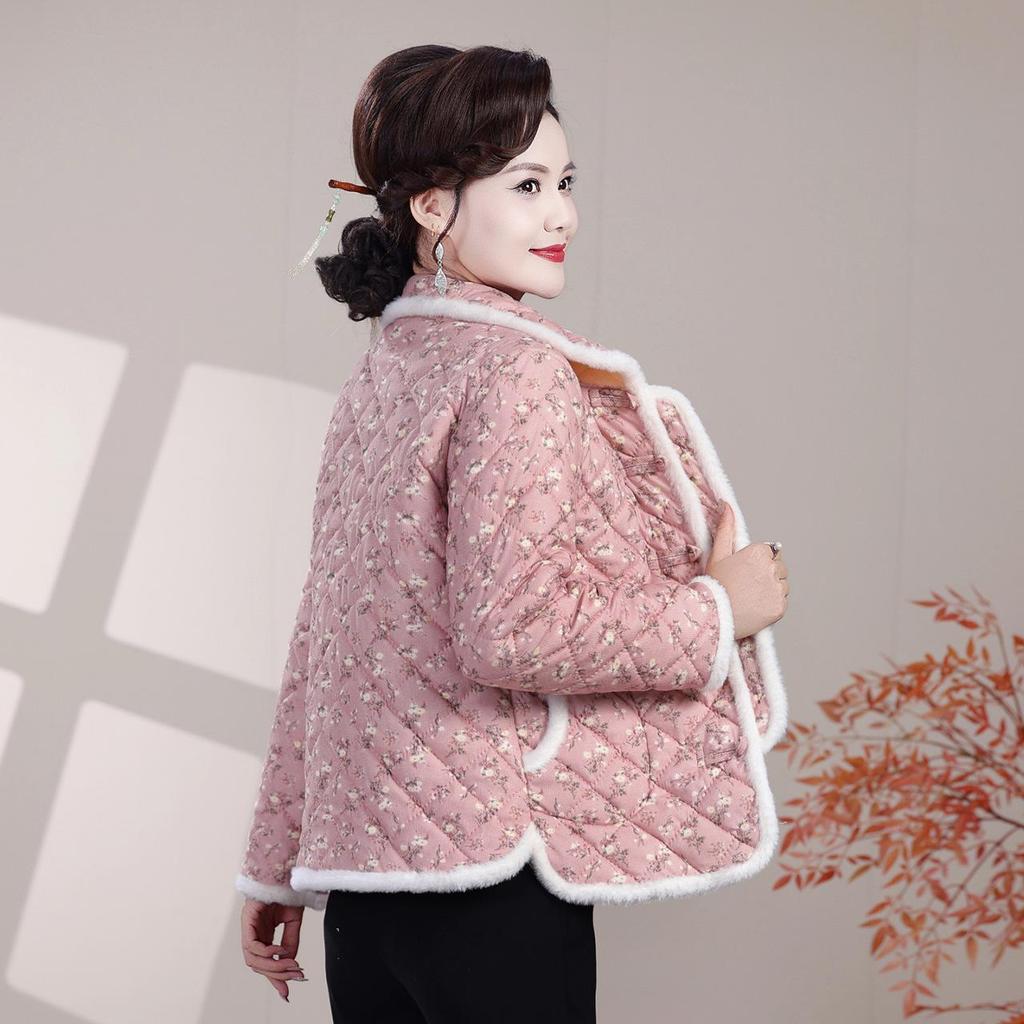 2025 Herbst/Winter Damen Retro Leichter Warmer Baumwollmantel für Mittelalte und Ältere, Fleecegefütterte Jacke Oberbekleidung