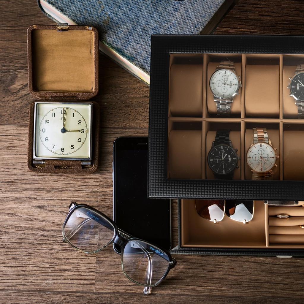 Boîte de Montre de Luxe Calife avec Verre Boîte de Rangement pour Montres et Bijoux pour et Panneau 2 Couches en PU Fibre de Carbone Noire Kaki, Marron, Boîte, Accessoires, Montres,