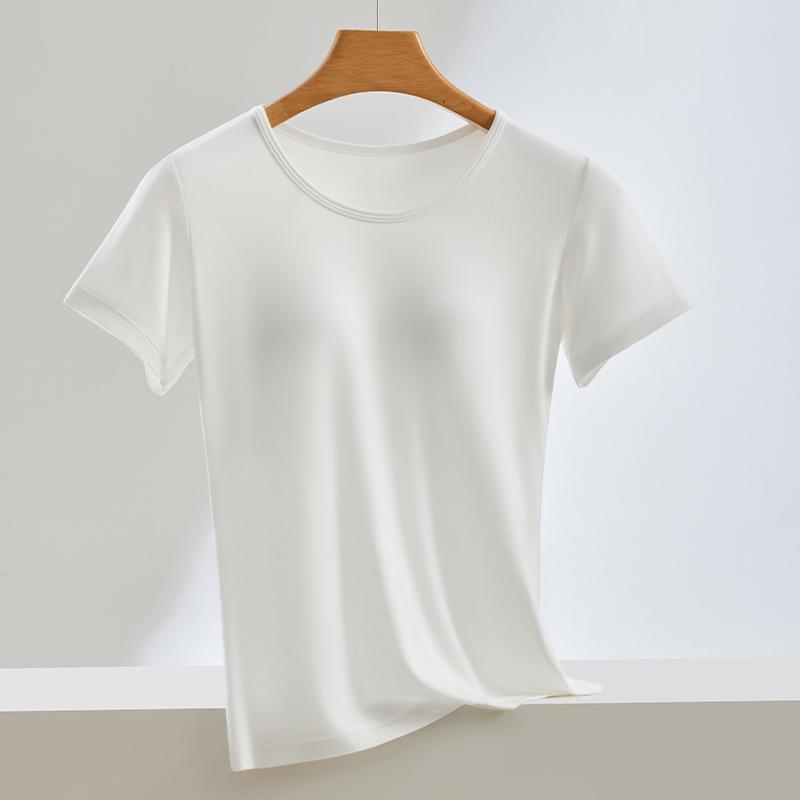 Women s Modal Half-Sleeve Pajama Top with Built-In Bra, Thin Homewear T-Shirt, No Additional Bra Needed XXL кремово-белый