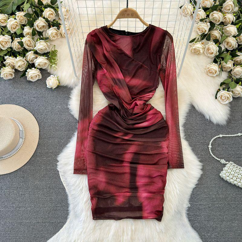 

Fashion Fashion Long Sleeve Blooming Print Dress Mesh Red-brown tie-dye All yards