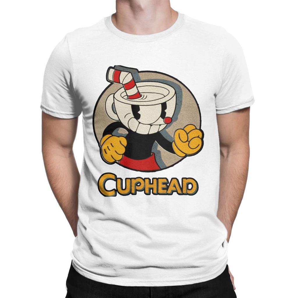 Creative Cuphead And Mugman Angry T-Shirt for Men Crew Neck Pure Cotton T Shirts Retro Games Short Sleeve Tee Shirt Clothing