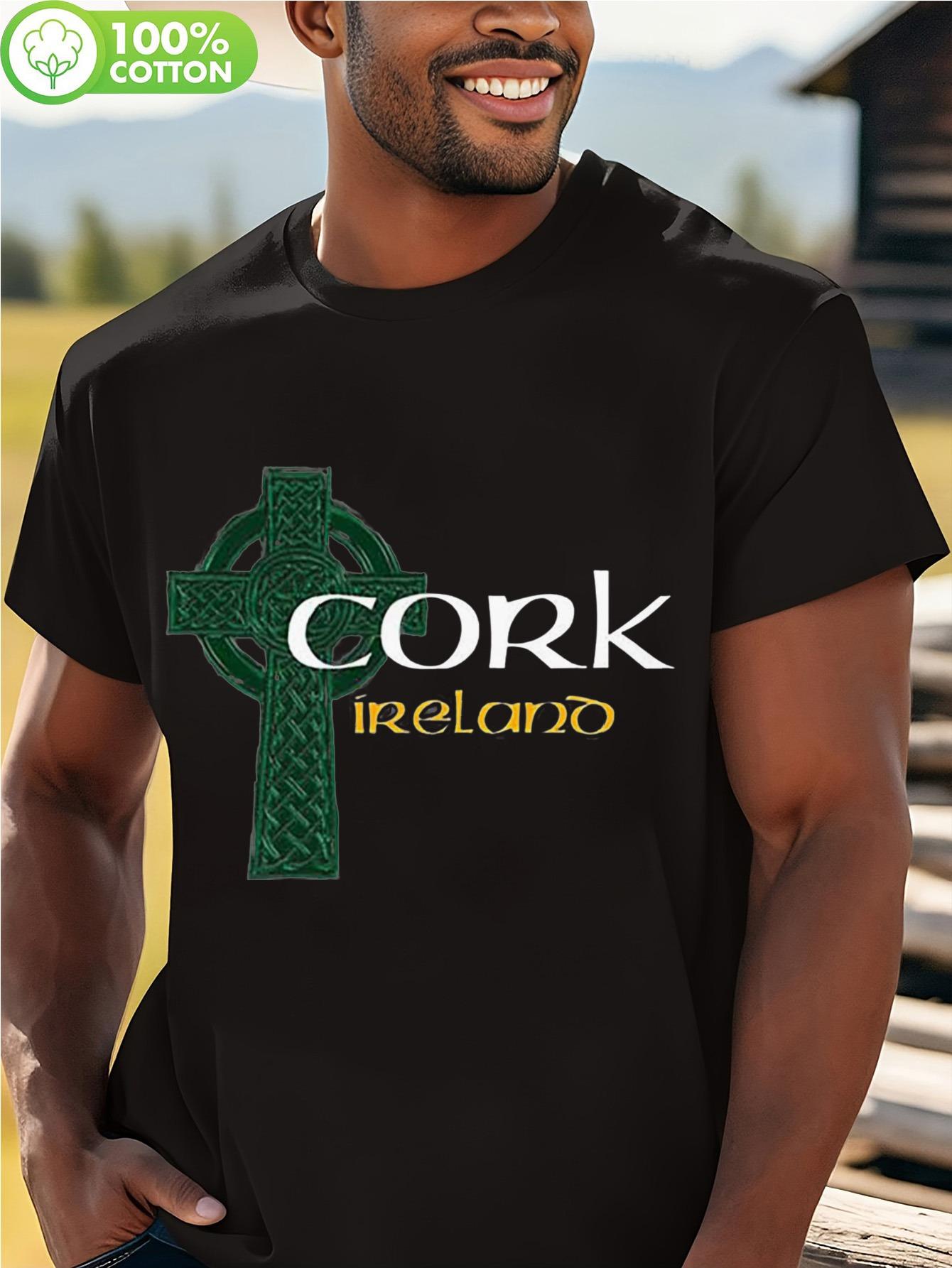 LocalCork Ireland Celtic Gaelic Football & Throwers T-shirt - Premium 100% Cotton Black Tee with Green Celtic Cross Design S