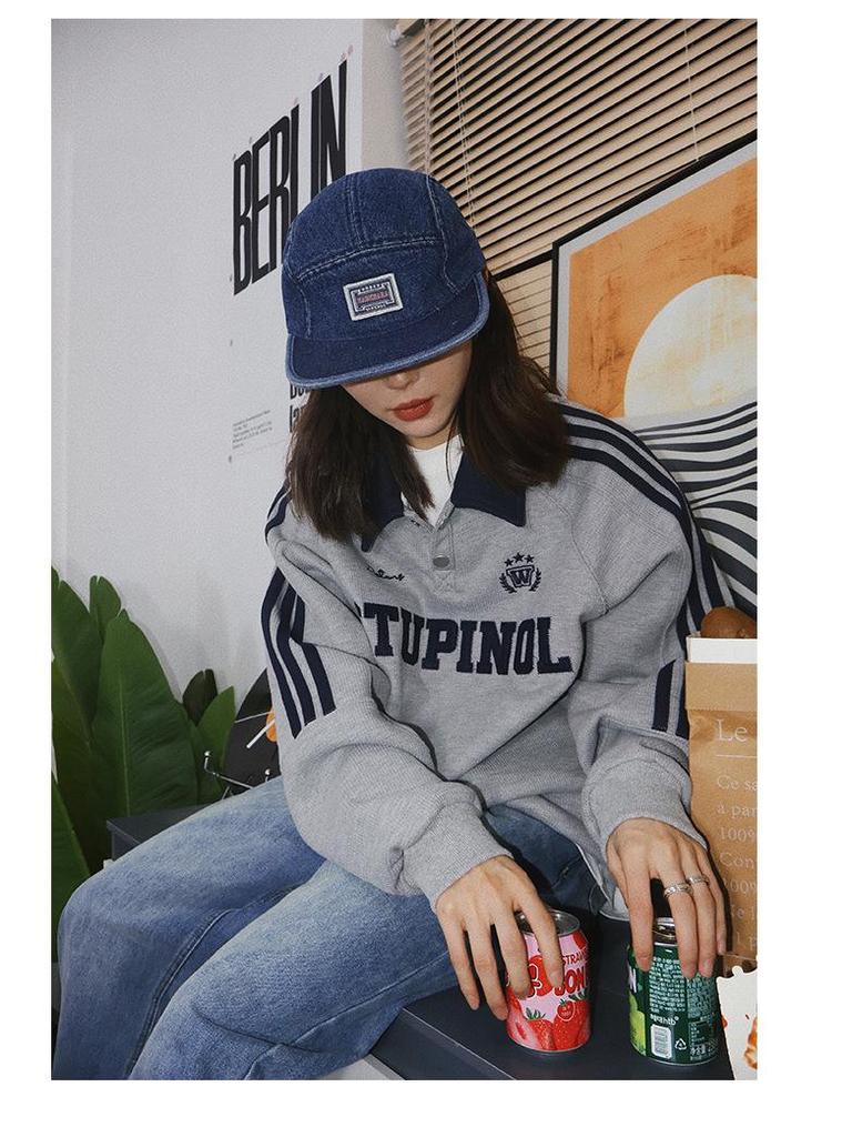 Wyszywane Retro Preppy Litera Polo z Długim Rękawem - Modny Wykładany Kołnierzyk Luźny Krój z Bocznymi Paskami, Unisex, Wszechstronny Styl.