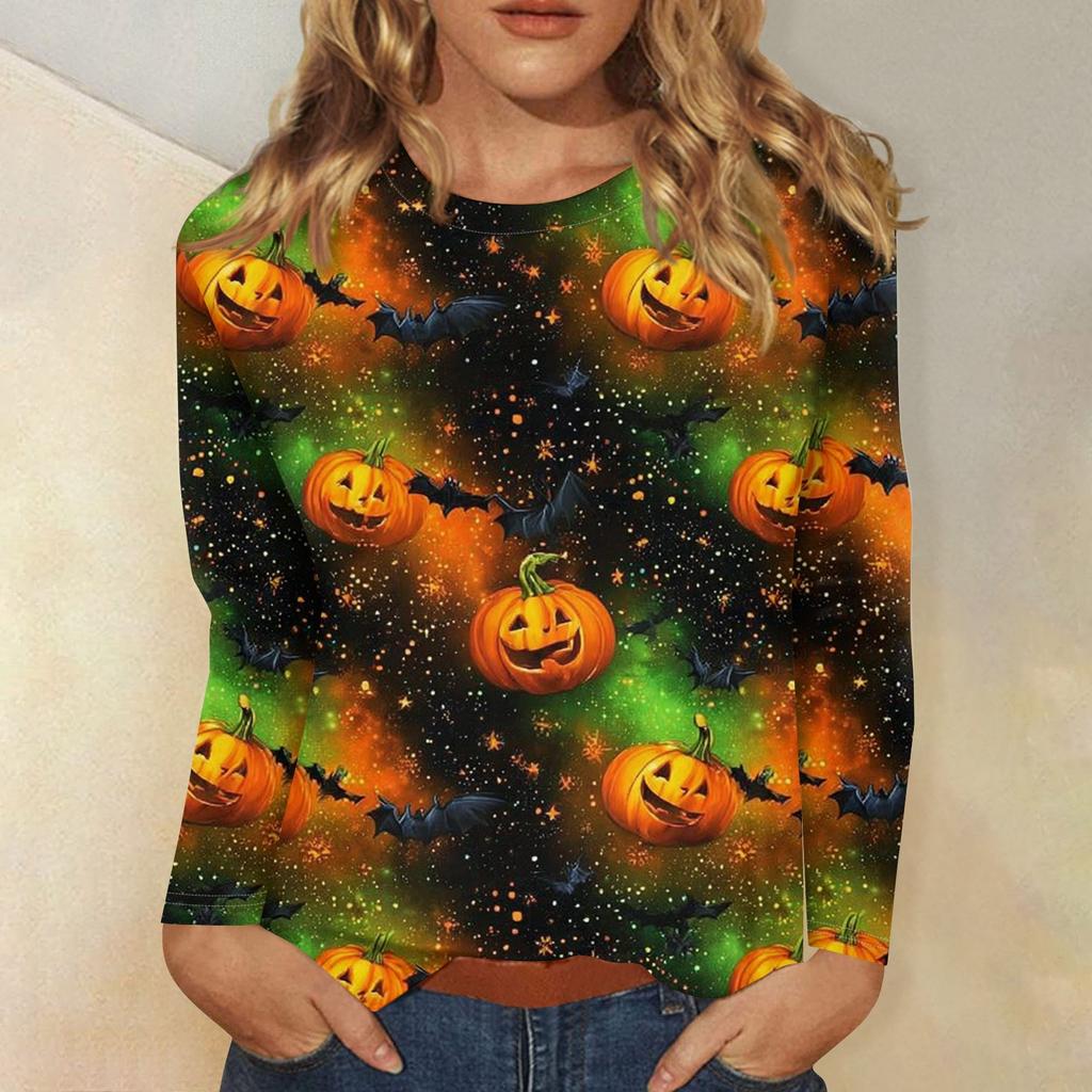 Women's Fashion Casual Halloween Printed Round Neck Long Sleeve Pullover Top