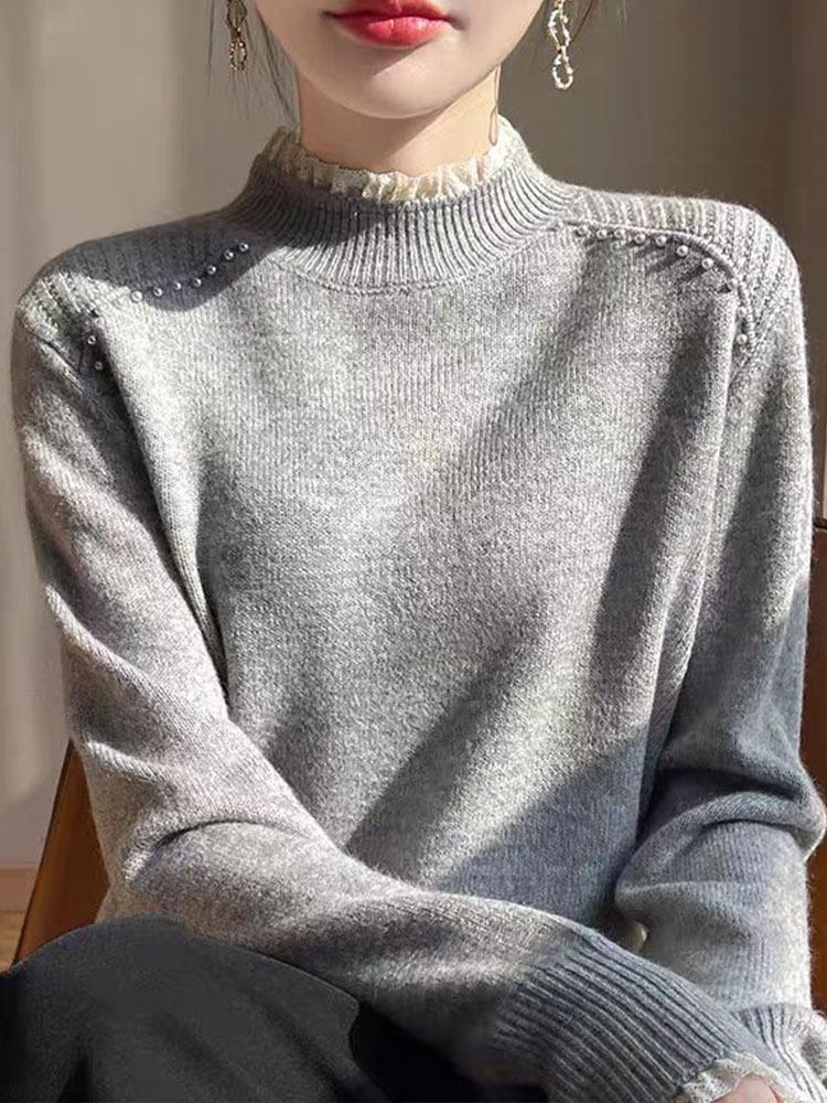 Women's Lace High Neck Wool Base Layer Sweater - Stylish & Warm Autumn/Winter Inner Wear.