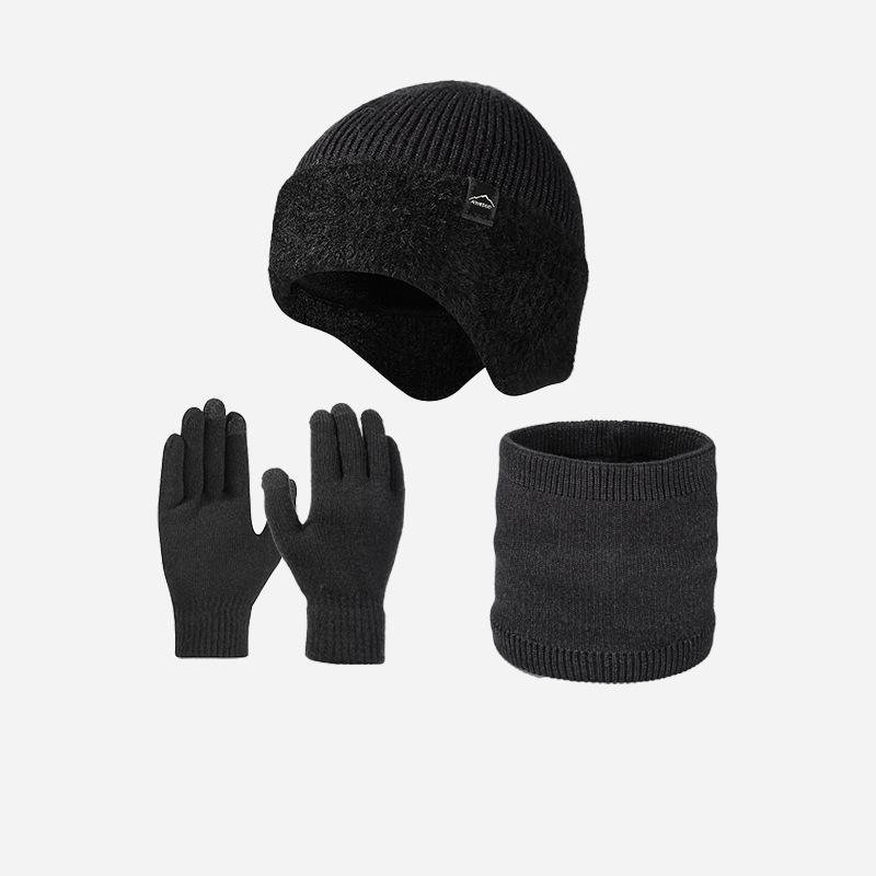 Wollmütze Herren Winter Outdoor Warme Mütze Schal Handschuhe Anzug Hochelastische Strickmütze