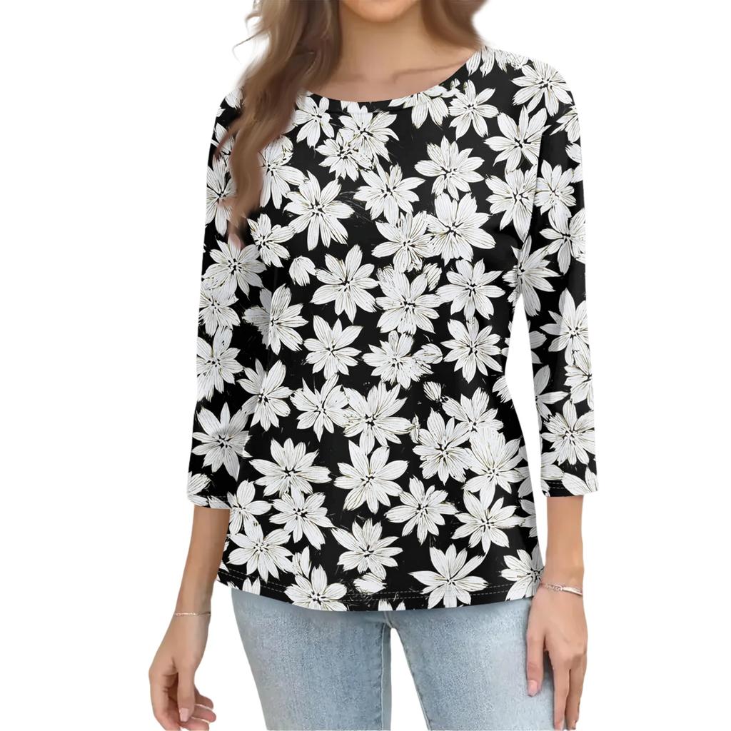 Women's Casual Round Neck Three Quarter Sleeve T Shirt Floral Print Lightweight Comfortable Top for Everyday Wear
