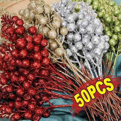 Künstliche Glitzer Rote Beeren Weihnachten Kunstblumen Pflanzen Goldpuder Stechpalmenbeeren Zweige Neujahrsparty Schmuck Heimdeko